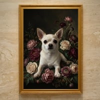 犬（チワワ）の花に囲まれた油絵風アート A3額装インテリア壁掛け
