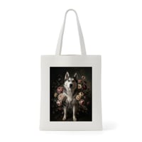 犬（シベリアンハスキー）トートバッグ 花の油絵風アート キャンバス地