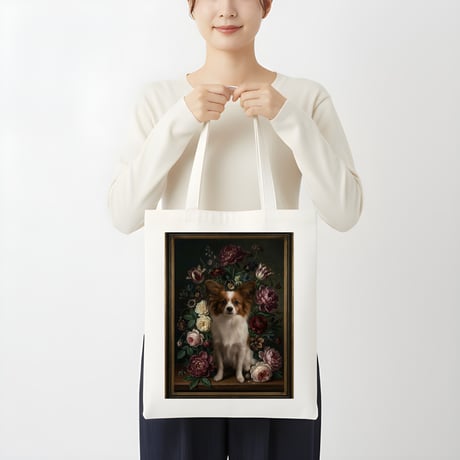 犬（パピヨン）トートバッグ 花の油絵風アート キャンバス地