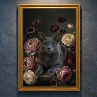 猫（ロシアンブルー）の花に囲まれた油絵風アート A4金縁額装インテリア壁掛け