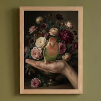 インコ（コザクラインコ）の花に囲まれた油絵風アート A4額装インテリア壁掛け