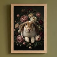 うさぎ（フレンチロップ）の花に囲まれた油絵風アート A4額装インテリア壁掛け