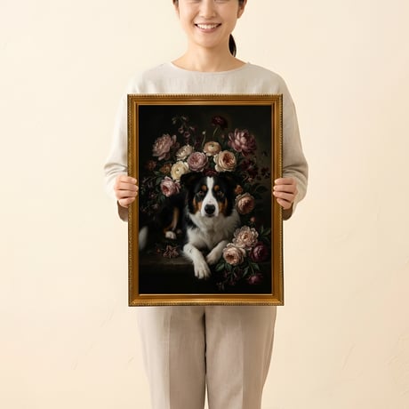 犬（ボーダーコリー）の花に囲まれた油絵風アート A3額装インテリア壁掛け