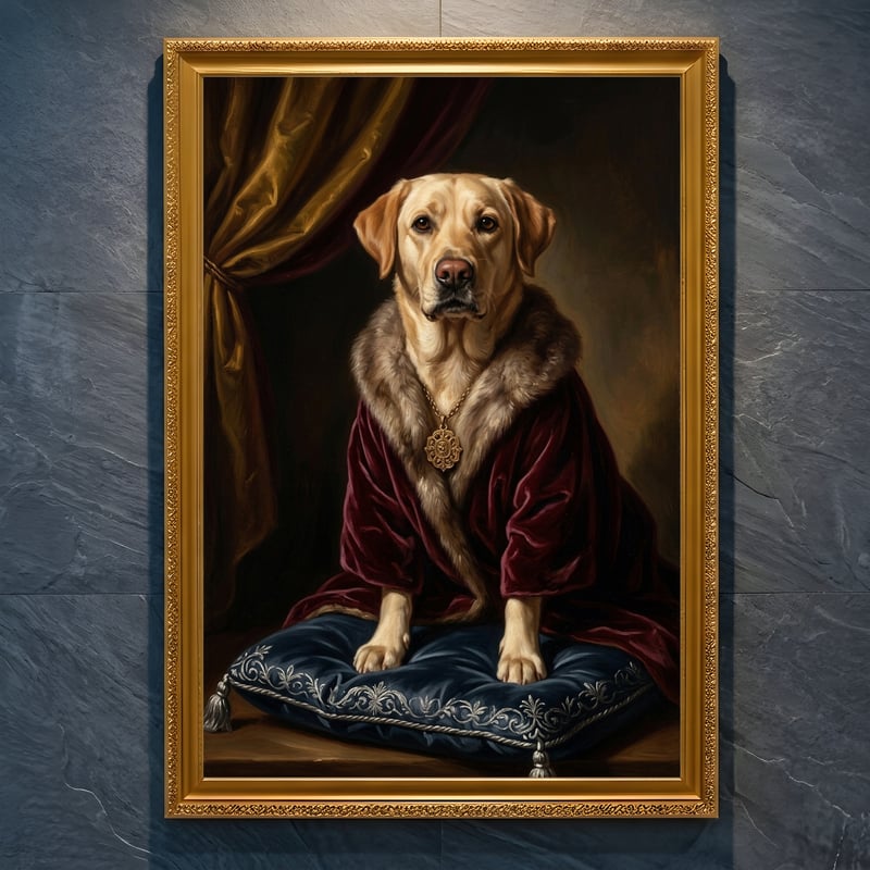 【美品】犬 絵画 ワイマラナー 額装 樹脂加工 アンティーク調 犬（ラブラドールレトリバー）のルネサンス風肖像画 A4金縁額装