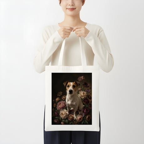 犬（ジャックラッセルテリア）トートバッグ 花の油絵風アート キャンバス地