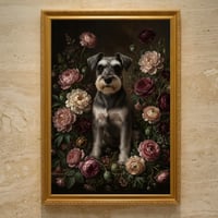 犬（ミニチュアシュナウザー）の花に囲まれた油絵風アート A3額装インテリア壁掛け