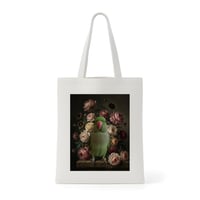 インコ（ワカケホンセイインコ）トートバッグ 花の油絵風アート キャンバス地