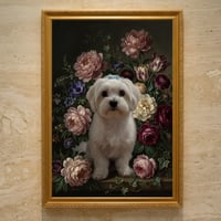 犬（マルチーズ）の花に囲まれた油絵風アート A3額装インテリア壁掛け
