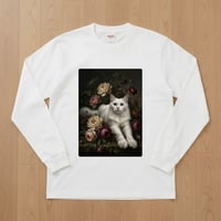 猫（ターキッシュアンゴラ）長袖Tシャツ 花の油絵風アート ホワイト 男女兼用