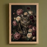 猫（メインクーン）の花に囲まれた油絵風アート A4額装インテリア壁掛け