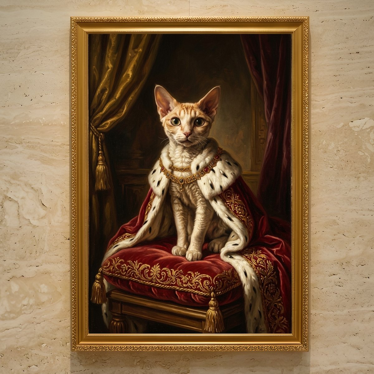 猫（デボンレックス）のルネサンス風肖像画 油絵風アートA3額装
