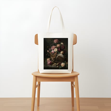 猫（アメリカンショートヘア）トートバッグ 花の油絵風アート キャンバス地