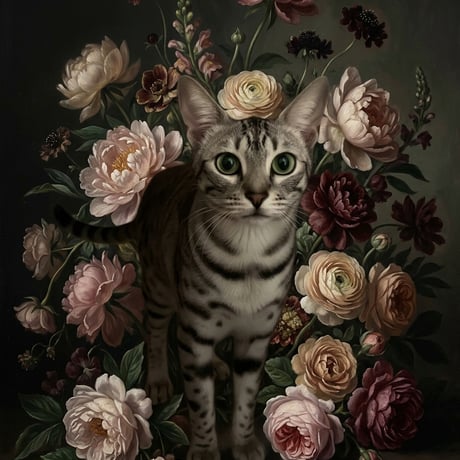 猫（エジプシャンマウ）の花に囲まれた油絵風アート A4額装インテリア壁掛け