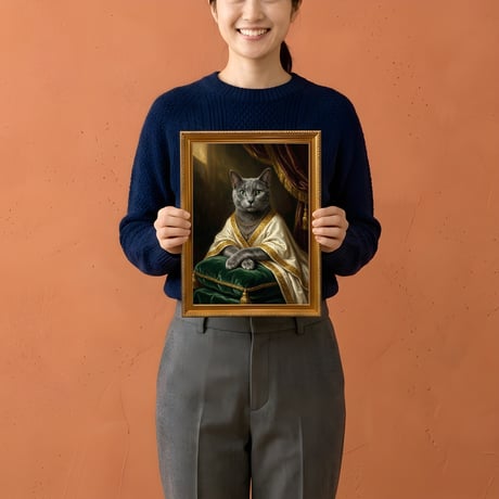 猫（ロシアンブルー）のルネサンス風肖像画 A4金縁額装インテリア壁掛け