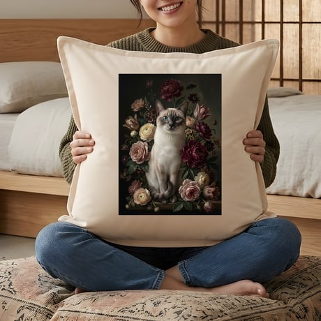 猫（シャム猫）クッション 45cm 花の油絵風カラーアート