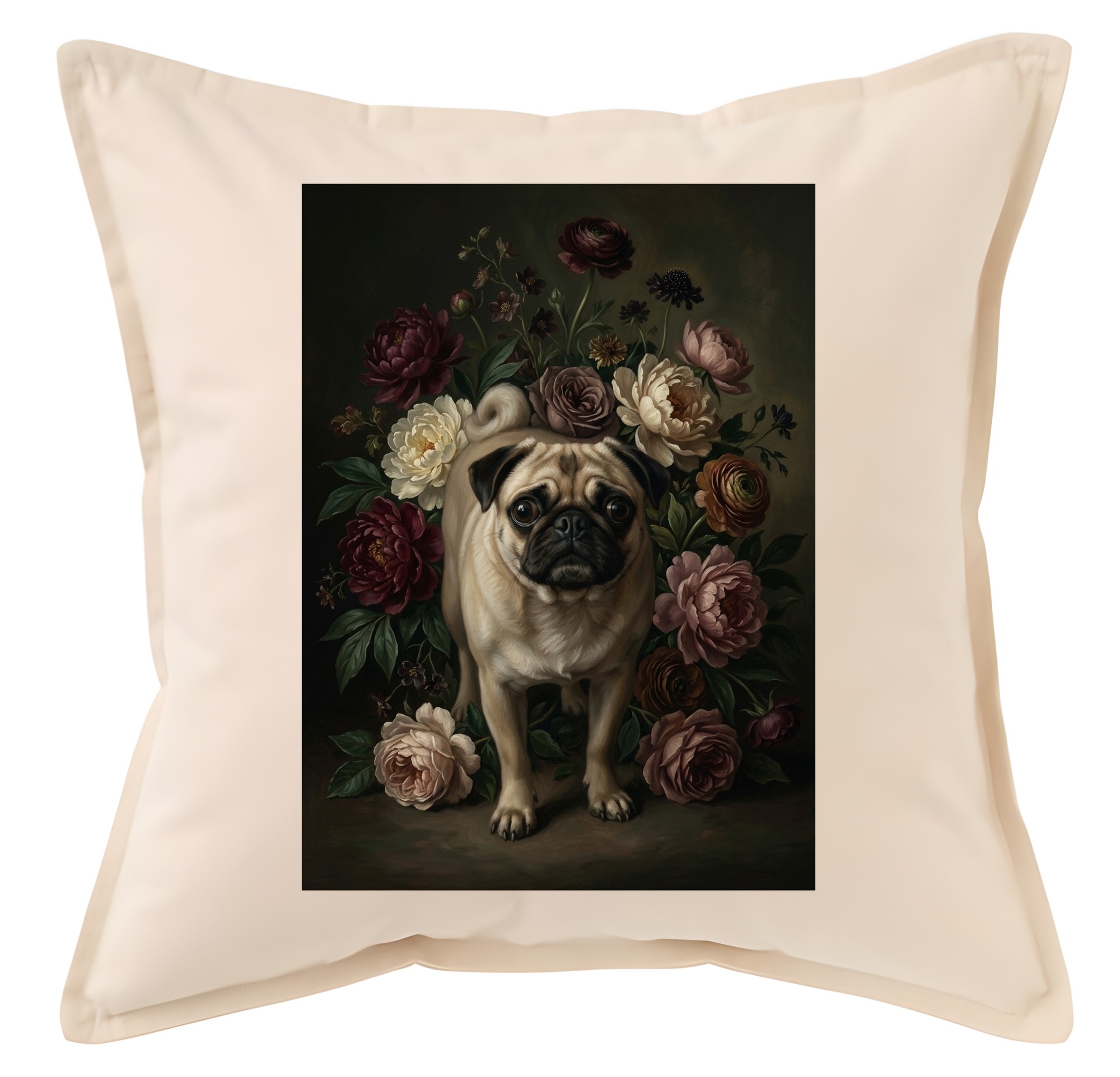 犬（パグ）クッション 45cm 花の油絵風カラーアート | うちの子