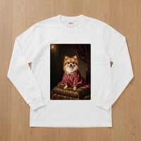 犬（ポメラニアン）長袖Tシャツ ルネサンス風カラーアート ホワイト 男女兼用