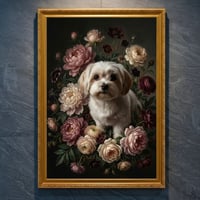 犬（マルチーズ）の花に囲まれた油絵風アート A4金縁額装インテリア壁掛け