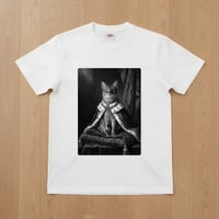 猫（ソマリ）半袖Tシャツ ルネサンス風モノクロアート ホワイト 男女兼用
