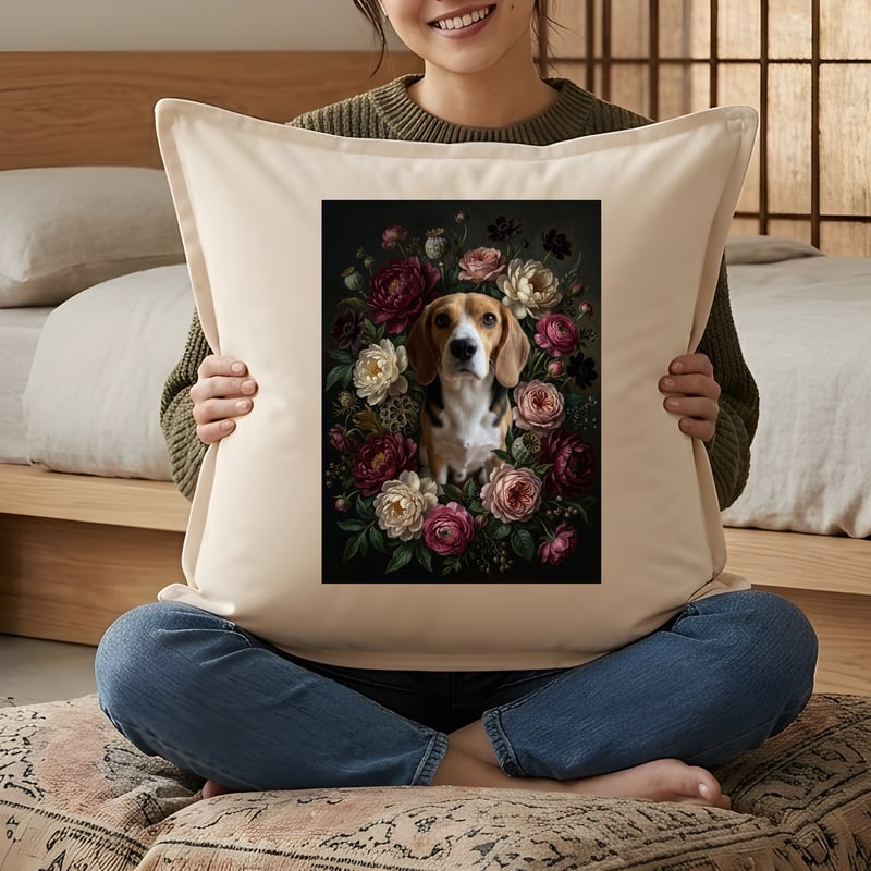 犬（ビーグル）クッション 45cm 花の油絵風カラーアート | うちの子