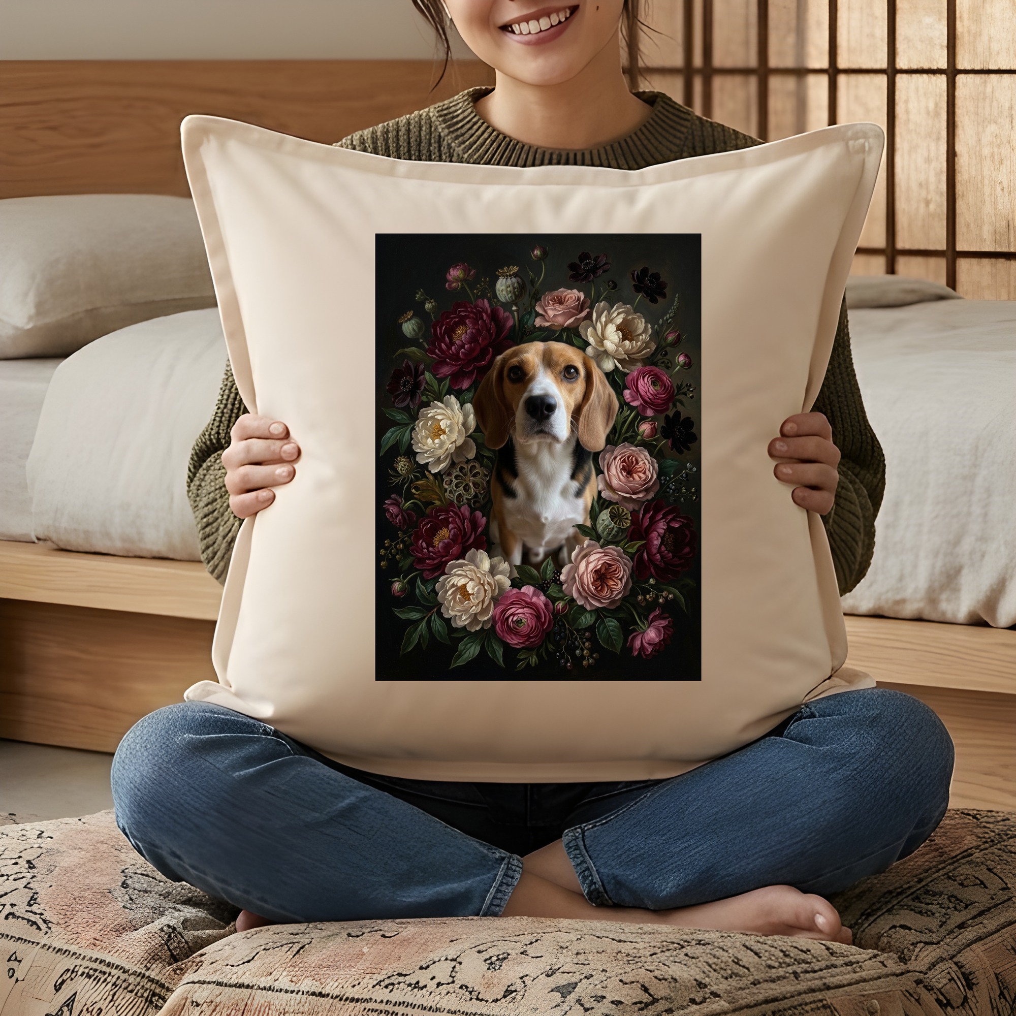 犬（ビーグル）クッション 45cm 花の油絵風カラーアート | うちの子