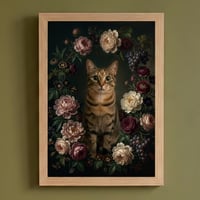 猫の花に囲まれた油絵風アート A4額装インテリア壁掛け