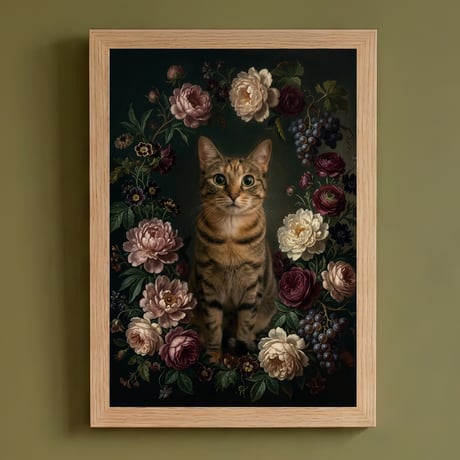 猫の花に囲まれた油絵風アート A4額装インテリア壁掛け