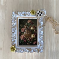 うさぎ（ミニレッキス）バッグチャーム 花の油絵風アート ホワイト額縁