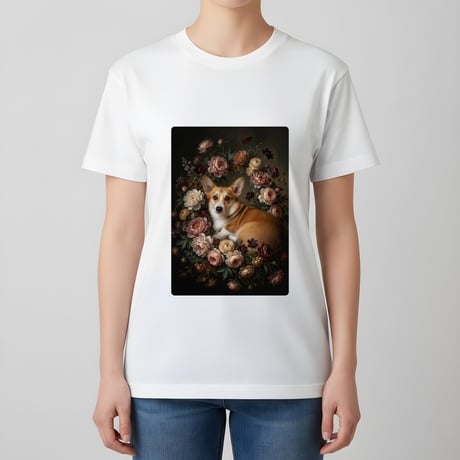 犬（コーギー）半袖Tシャツ 花の油絵風アート ホワイト 男女兼用
