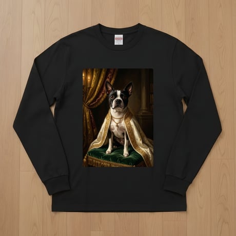 犬（ボストンテリア）長袖Tシャツ ルネサンス風カラーアート ブラック 男女兼用