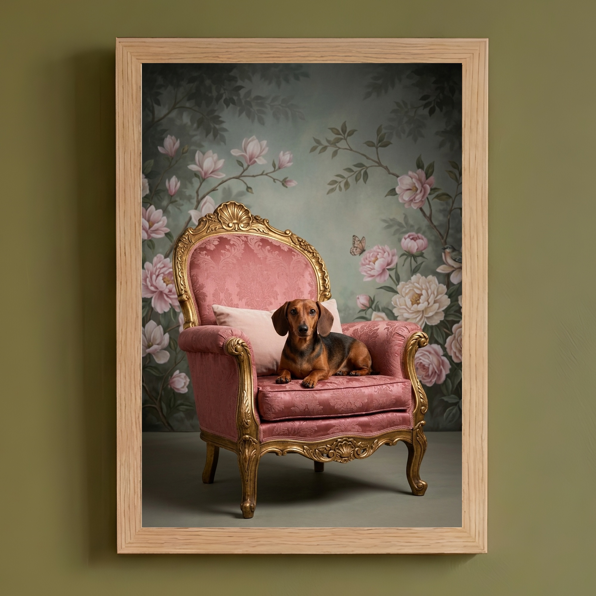 犬（ミニチュアダックスフンド）のロココ調アート A4額装インテリア