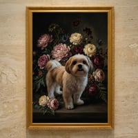 犬（シーズー）の花に囲まれた油絵風アート A3額装インテリア壁掛け