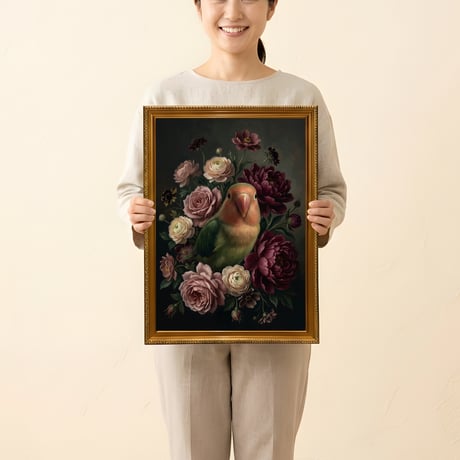 インコ（コザクラインコ）の花に囲まれた油絵風アート A3額装インテリア壁掛け