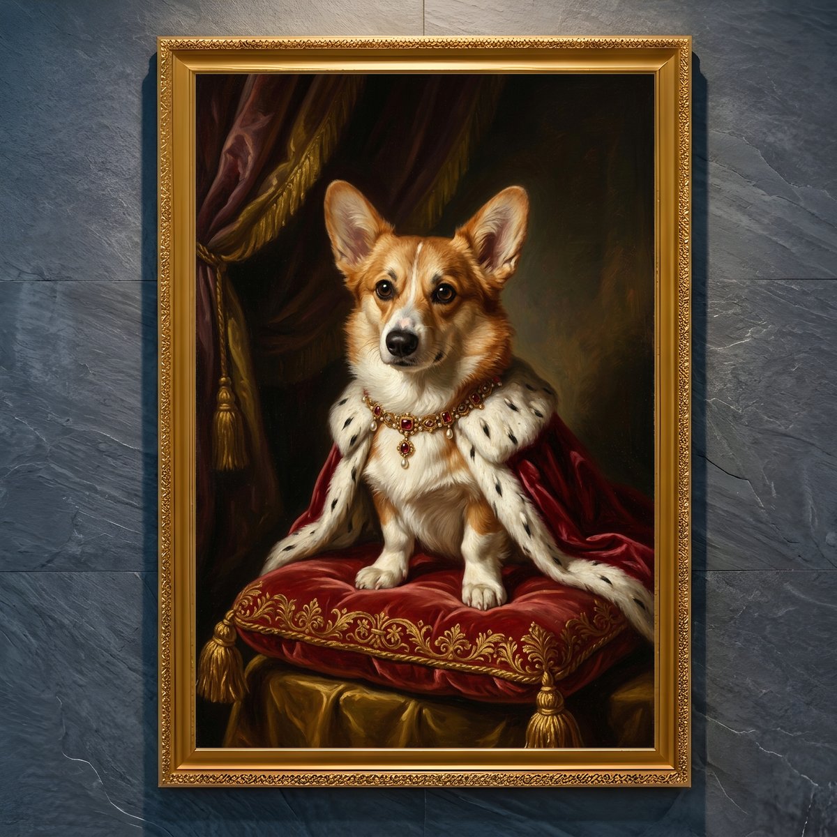 犬（コーギー）のルネサンス風肖像画 油絵風アートA4金縁額装