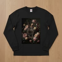 猫（ロシアンブルー）長袖Tシャツ 花の油絵風アート ブラック 男女兼用