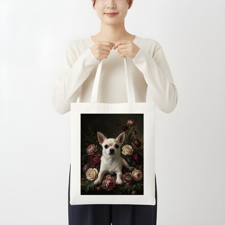 犬（チワワ）トートバッグ 花の油絵風アート キャンバス地