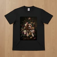 犬（コッカースパニエル）半袖Tシャツ 花の油絵風アート ブラック 男女兼用