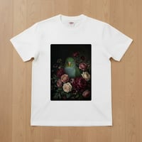インコ（サザナミインコ）半袖Tシャツ 花の油絵風アート ホワイト 男女兼用