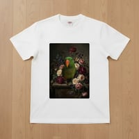 インコ（オオハナインコ）半袖Tシャツ 花の油絵風アート ホワイト 男女兼用
