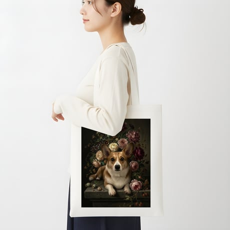 犬（コーギー）トートバッグ 花の油絵風アート キャンバス地