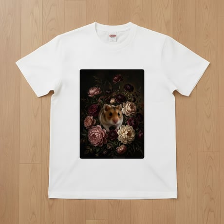 キャンベルハムスター半袖Tシャツ 花の油絵風アート ホワイト 男女兼用