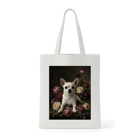犬（チワワ）トートバッグ 花の油絵風アート キャンバス地