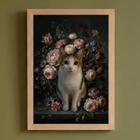 猫（ジャパニーズボブテイル）の花に囲まれた油絵風アート A4額装インテリア壁掛け