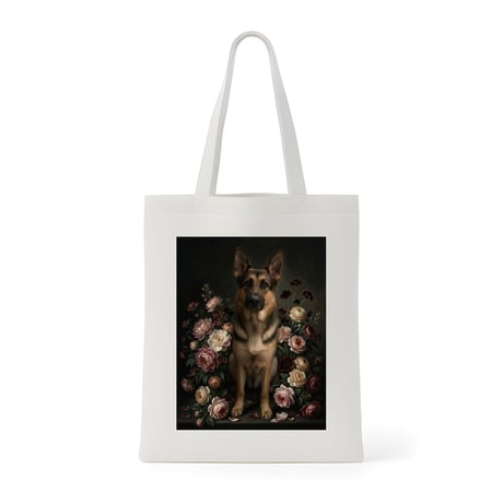 犬（ジャーマンシェパード）トートバッグ 花の油絵風アート キャンバス地