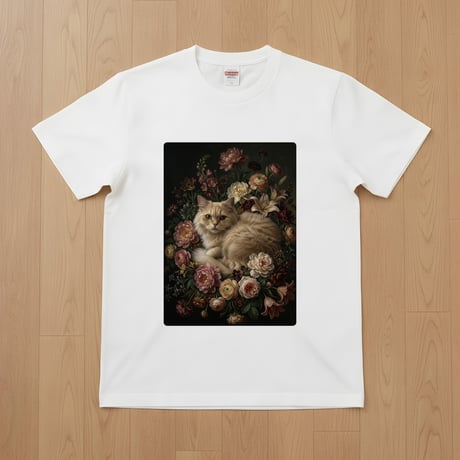 猫（ペルシャ猫）半袖Tシャツ 花の油絵風アート ホワイト 男女兼用