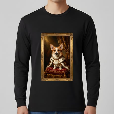 犬（コーギー）長袖Tシャツ ルネサンス風カラーアート ブラック 男女兼用