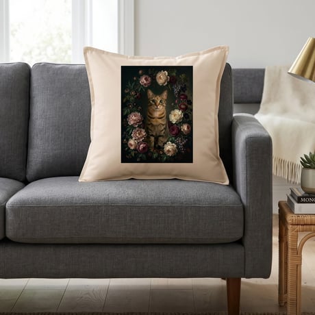 猫クッション 45cm 花の油絵風カラーアート