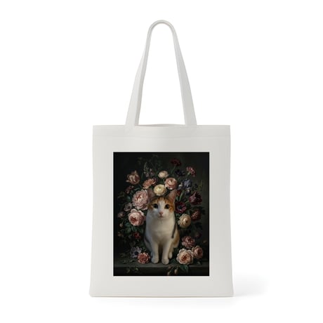猫（ジャパニーズボブテイル）トートバッグ 花の油絵風アート キャンバス地