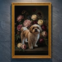 犬（シーズー）の花に囲まれた油絵風アート A4金縁額装インテリア壁掛け