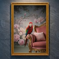 インコ（ベニコンゴウインコ）のロココ調アート A4金縁額装インテリア壁掛け